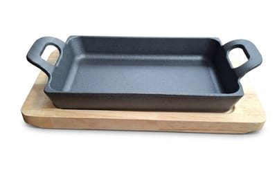 M.T.C© Gietijzeren pannetje-Langwerpige pan-20x12 cm-Serveerpan-Houten onderzetter-Kamado-Dutch oven-BBQ-Grill