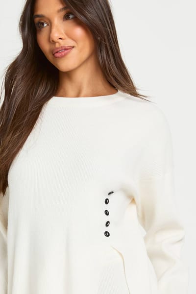 boohoo Dames Dikke rib met knoopzoomdetail crewneck-trui en recht gesneden broek co-ord | Cream | Maat: Small