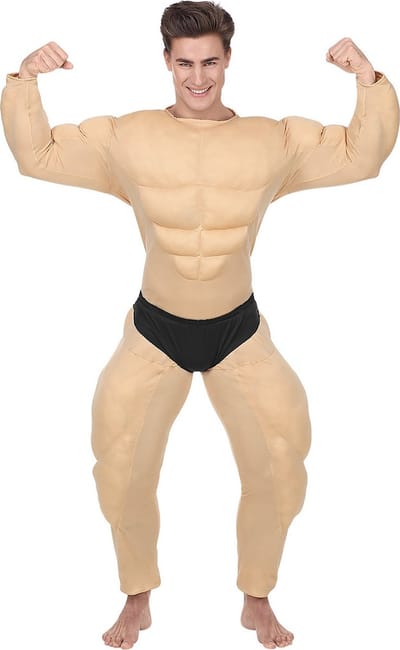 Widmann - Opblaas Dikmaak & Spierballen Kostuum - Opschepper Van De Sportschool Bodybuilder - Man - beige - Small - Carnavalskleding - Verkleedkleding