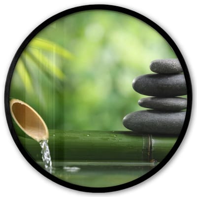 Poster in lijst Rond - Fotolijst 40x40 cm - Posters - Zen - Stenen - Groen - Natuur - Bamboe - Ronde posterlijst zwart - Decoratie - Wanddecoratie woonkamer - Muurdecoratie slaapkamer