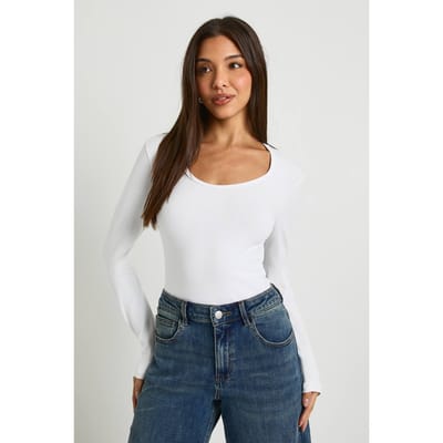 boohoo Dames Basic lange mouwen scoop-hals bodysuit | Wit | Maat: 34