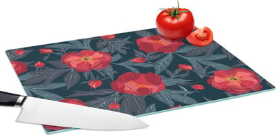 Glazen Snijplank - 39x28 - Bloemen - Rood - Bladeren - Patronen - Snijplanken Glas