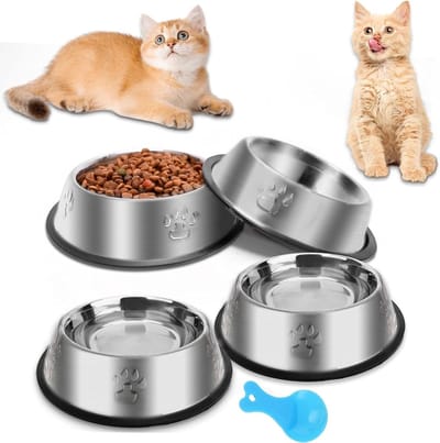 Roestvrijstalen kattenbakvulling en 4 metalen hondenkommen voor voedsel en water, antislip voerbakken met rubberen basis voor katten, puppy's en kleine tot middelgrote honden