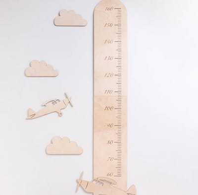 Houten groeimeter met vliegtuigen en wolken, meetlat voor kinderen met houten vliegtuigen voor de kinderkamer, lengtemeting voor kinderen/kinderkamer/babykamer/wanddecoratie/