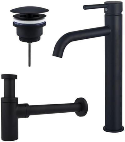 FugaFlow Eccelente Sobrado Badkamer Wastafelkraanset - verhoogde wastafelkraan - always open plug - design sifon - Mat zwart