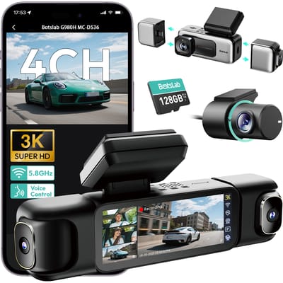 Botslab G980H 4-kanaals 3K Dashcam 560° auto-camerasysteem (voor, achter, links/rechts) met uitstekende nachtzicht, GPS, 5.8GHz Wi-Fi, Engelse spraakbesturing, Sentinel-modus, 24/7 parkeerbewaking