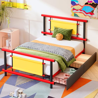 HAUSS SPOLE Kinderbed 90x200 cm - Eenpersoonsbed Met Laden en Ruimtebesparend Ontwerp - Zonder Matras - Metaal - Rood
