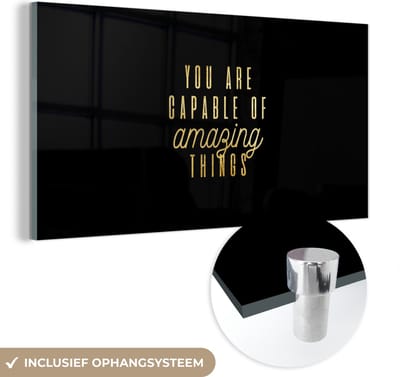MuchoWow® Glasschilderij 40x20 cm - Schilderij acrylglas - Quote - Zelfvertrouwen - Goud - Zwart - Foto op glas - Schilderijen