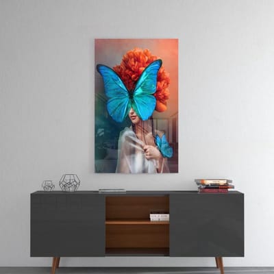 Insigne Glazen Schilderijen - Vrouw met Vlinder - Glasschilderij - 72x46x0,4 cm