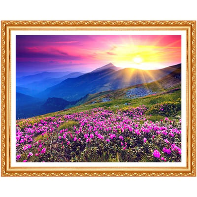 DIY 5D Diamantborduurwerk Landschap Zonsopgang en Paarse Bloempatroon Schilderen Steentjes Diamant 20X30CM blue