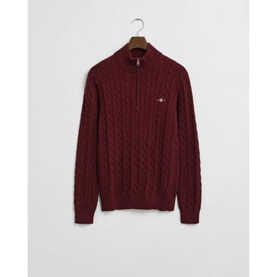 Gant Trui Allover Cable Knit Cotton Half Zip Bordeaux Melange / male