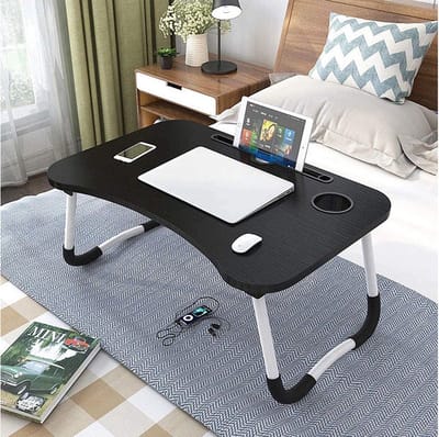 Eleganca Opvouwbare Laptoptafel – B60xD40xH27 cm – Stevige bedtafel – Klaptafel met tablethouder, lade en bekerhouder – Bruin/Wit/Zwart