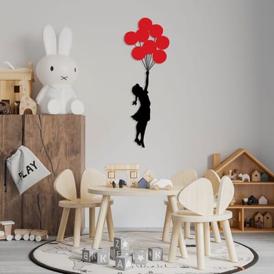 Wallity Wall Banksy - Metalen Wanddecoratie - Meisje Met Ballonnen - Rood/zwart - 34cmx1,5mmx100xcm