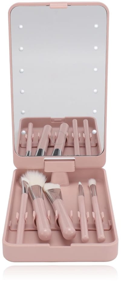Dailygoods- Make-upborstels Reisformaat - 5 Stuks Set - Opvouwbaar - Cosmetische Borstels - HD Spiegel - Lichtgewicht