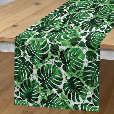 ABAKUHAUS Tropische tafelrok – Monstera-bladeren, Spetterdesign – 40 × 180 cm, groen