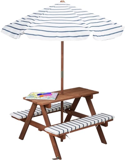 Dailygoods- Picknicktafel Hout - Inclusief Parasol - Zitkussens - 75 x 75 cm - Voor Kinderen - Belastbaar tot 80 kg - Duurzaam Tuinmeubilair