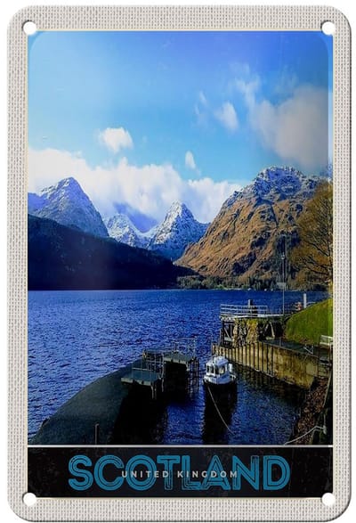 Blechschild Reise 12x18cm Schottland Insel Gebirge See Schild