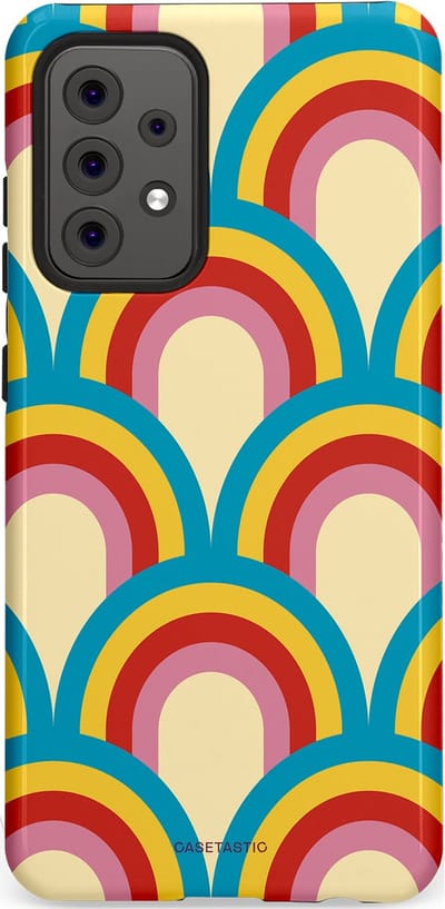 Casetastic hoesje geschikt voor Samsung Galaxy A52 (2021) 5G / Samsung Galaxy A52 (2021) 4G - Dubbellaagse bescherming - Retro regenboog - Fashion Case - Lichtblauw Crème Goud Rood