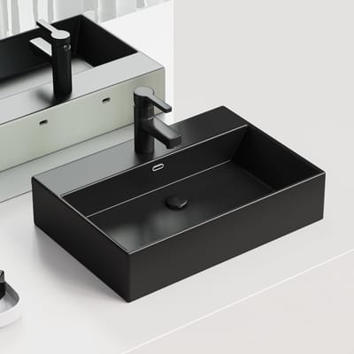 Vierkante Opzetwastafel Keramiek Zwart 60x42cm - Hangend Wastafelmodel met Overloop
