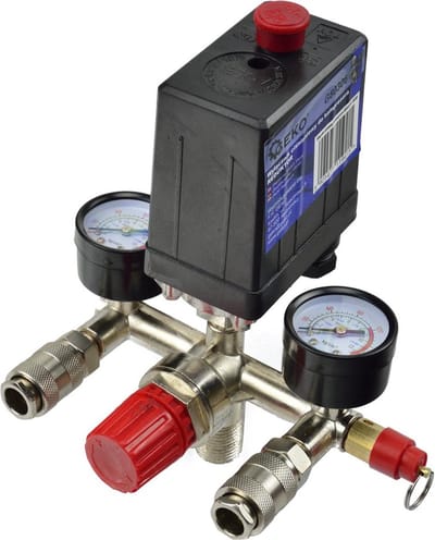 GEKO Drukregelaar voor luchtcompressoren - Max. 12 bar - 2 manometers - 230V - Europese snelkoppelingen