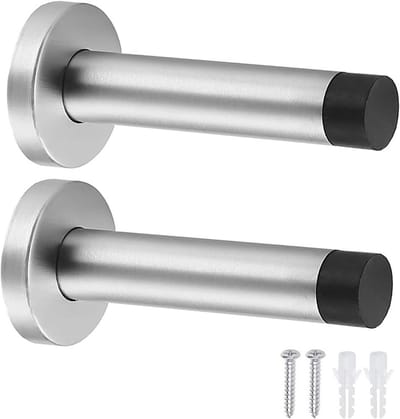 Verpakking van 2 deurstoppers, robuuste roestvrijstalen deurstopper voor wandmontage met rubberen buffer voor geluidsdemping, stoppers met bevestigingsschroeven en ankers