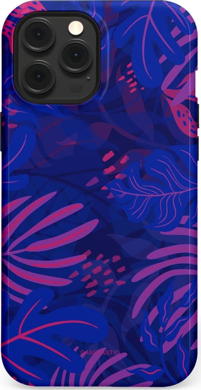 Casetastic hoesje geschikt voor Apple iPhone 12 Pro Max - MagSafe - Dubbellaagse bescherming - Neon jungle blad - Fashion Case - Donkerblauw Lavendel Roze