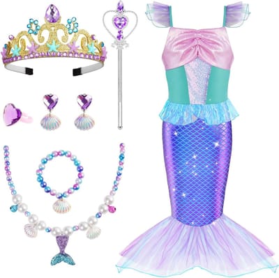 Meisjes Zeemeermin Kostuum Set met Jurk, Kroon, Scepter, Sieraden en Accessoires voor Carnaval, Halloween en Feestjes