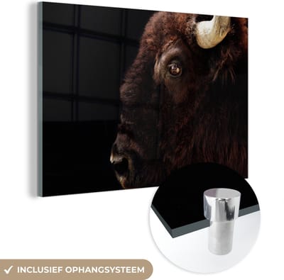 MuchoWow® Glasschilderij 120x80 cm - Schilderij acrylglas - Bizon - Hoorn - Portret - Foto op glas - Schilderijen