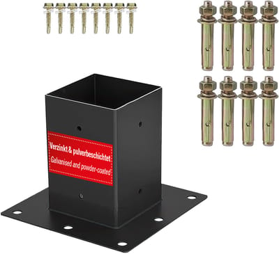SOTECH schroefanker 90 x 90 mm vierkant staal verzinkt en zwart gepoedercoat voor maximale corrosiebescherming, terraspaalanker voor vastschroeven voor aluminium en houten constructies