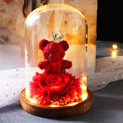 Eeuwige Roos in Glas met LED verlichting - Koningin Teddybeer - Valentijn - Moederdag - Huwelijk - Decoratief - Liefdes Cadeau - Moederdag Cadeautje