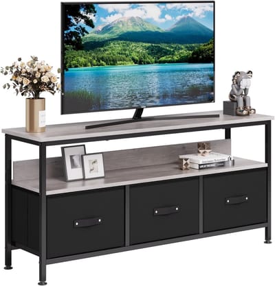 TV-meubel-met 3 stoffen lades en open plank- houten tv-tafel met verstelbare poten voor woonkamer en slaapkamer geschikt voor tv's tot 55 inch-120 x 57 x 30-5 cm- grijs