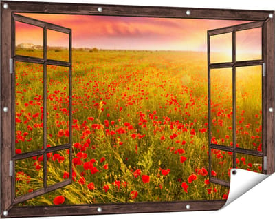 Gards Tuinposter Doorkijk Rode Klaproos Bloemenveld - Zonsondergang - 120x80 cm - Tuindoek - Tuindecoratie - Wanddecoratie buiten - Tuinschilderij