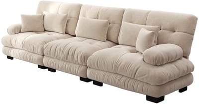 Merax 3-zits Modulaire Hoekbank – Comfortabel Chenille Slaapbank met Diepe Zitting - Lendenkussen & Decoratieve Kussens – Lichtbruin – 313x77x81 cm