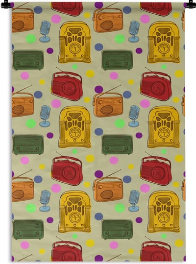 Wandkleed - Wanddoek - Vintage - Radio - Microfoon - Patroon - 120x180 cm - Wandtapijt