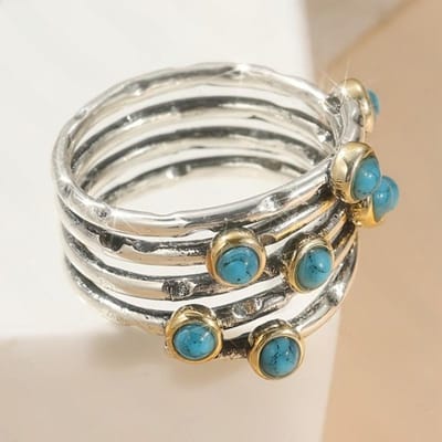 Bague Bohème Rétro Incrustée Imitation Turquoise Multi-couches, Accessoires de Vacances Style Ethnique pour Femmes Bijoux 6 beige