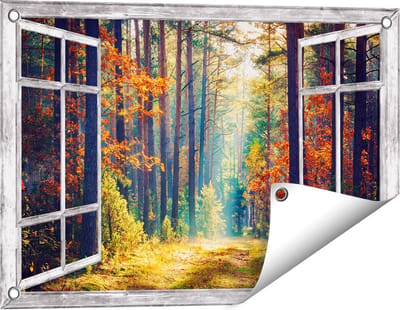 Gards Tuinposter Doorkijk Herfstbos met Zonneschijn - Kleur - 60x40 cm - Tuindoek - Tuindecoratie - Wanddecoratie buiten - Tuinschilderij