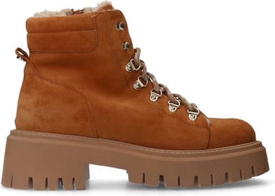 Manfield - Dames - Beige suède veterlaarsjes - Maat 40
