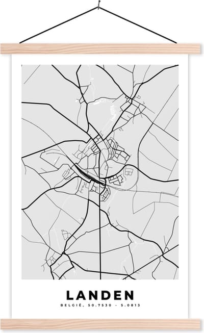 Posterhanger incl. Poster 40x60 cm - Schoolplaat - Zwart Wit – België – Plattegrond – Stadskaart – Kaart – Landen - Textielposter - Blanke latten - Stadskaart