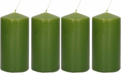 Trend Candles Cilinderkaars/stompkaars - 4x - olijfgroen - 6 x 12 cm - 40 branduren - met brandvertragende folie