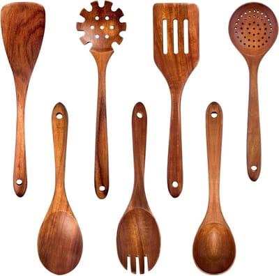 Houten Keukengerei Set - Kooklepels - Koken en Bakken - Set van 7 stuks - 36.6 cm - Houtkleur