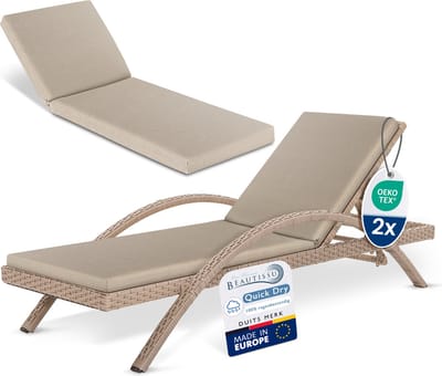 Beautissu QD-RL â€“ Set van 2 Tuinkussen Liegstoel 190x60 cm â€“ 100% Waterdicht â€“ Ligbedkussen Weerbestendig â€“ Sneldrogend â€“ Wasbare Hoes â€“ Natuur