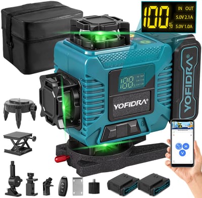 Yofidra 4D Kruislijnlaser - Zelfnivellerend Bouwlaser - met 2x accu's - 4 x 360 graden laserwaterpas - 360 Graden Rotatie - voor Bouw, Tegelwerk, Thuisrenovatie