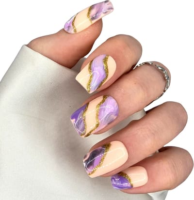 SD Press on Nails - Set No. 22 Waves - Nude - Paars Marble - Goud - Medium Recht - Handmade Plaknagels - Kunstnagels