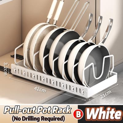 Organisateur de casseroles et poêles sous l'armoire, support coulissant pour couvercles de casseroles et poêles, rangement de vaisselle coulissant pour la cuisine 42x21x3.2cm blanc