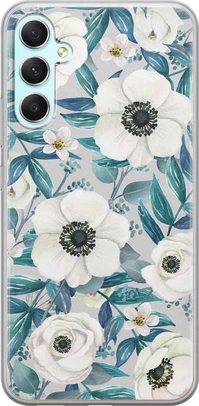 Leuke Telefoonhoesjes - Hoesje geschikt voor Samsung Galaxy A34 - Witte bloemen - Soft case - TPU - Bloemen - Blauw