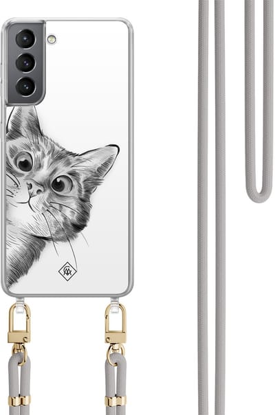 Casimoda® hoesje met grijs koord - Geschikt voor Samsung S21 Plus - Peekaboo Kat - Afneembaar koord - TPU/polycarbonaat - Grijs