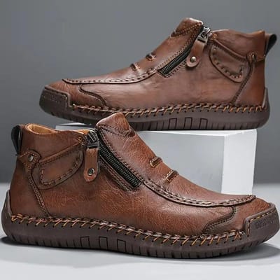 Nieuwe Klassieke Handgemaakte Leren Herenschoenen met Ritsdesign Outdoor Sneakers Casual Platte Schoenen Heren Werkschoenen Enkellaarsjes 39 black