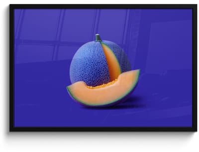 Poster in lijst - Fotolijst 90x60 cm - Posters - Meloen - Blauw - Oranje - Kunstzinnig - Posterlijst zwart - Decoratie - Wanddecoratie woonkamer - Muurdecoratie slaapkamer