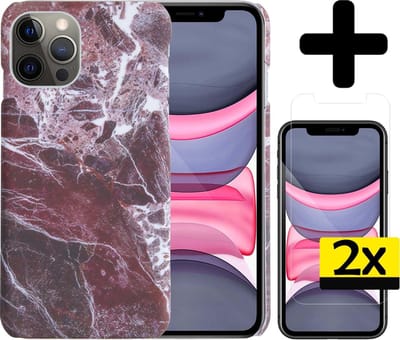 Hoesje Geschikt voor iPhone 11 Pro Hoesje Marmer Case Hard Cover Met 2x Screenprotector - Hoes Geschikt voor iPhone 11 Pro Case Marmer Hoesje Backcover - Rood
