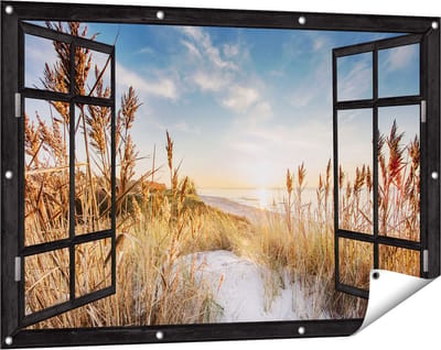 Gards Tuinposter Doorkijk Strand en Zee vanuit Duinen met Zonsondergang - 120x80 cm - Tuindoek - Tuindecoratie - Wanddecoratie buiten - Tuinschilderij